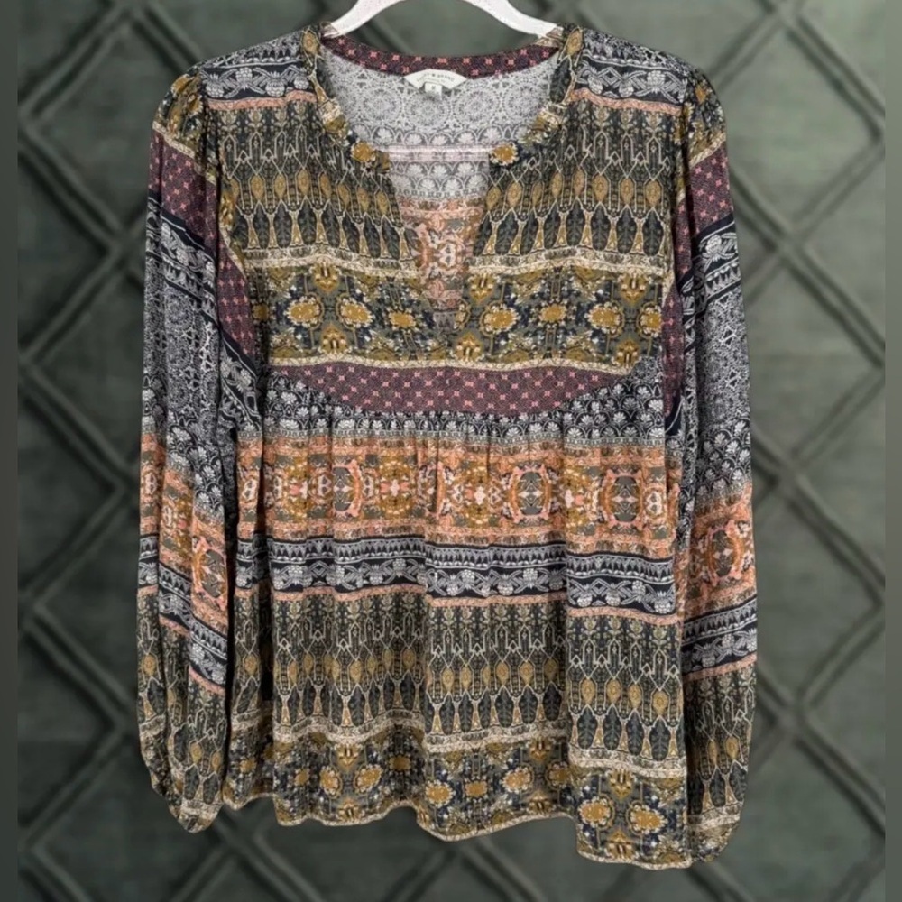LUCKY BRAND Blouse Small Multicolored Tapestry Print Balloon Sleeve Peasant Top